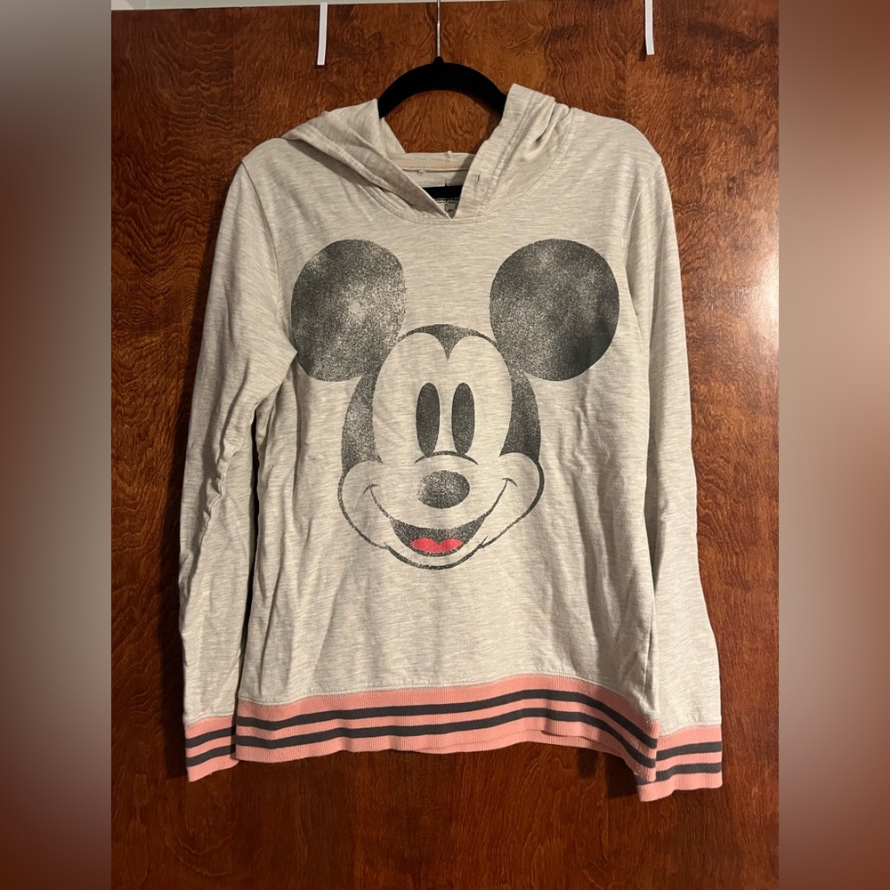 Disney Distressed Mickey‎ Mouse Light Gray Hoodie with Pink Accents Womens L